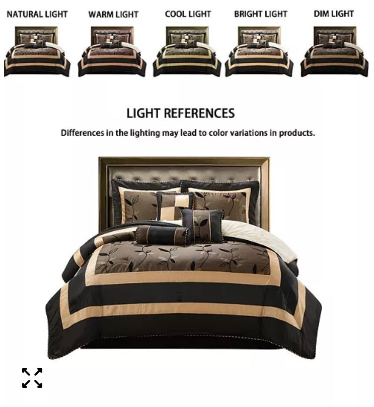 Pastora Full 7-Piece Comforter Set in Bronze featuring a flocked leaf pattern