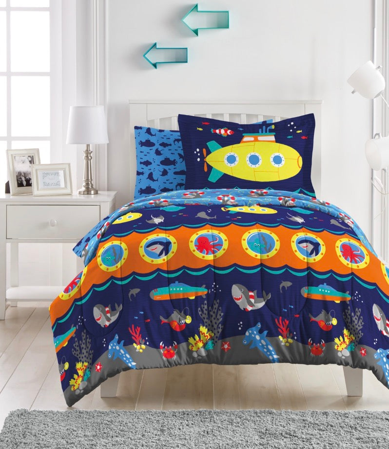 Dream Factory Submarine 5 Pieces Complete Bedding Set with Sheets Twin-Included(1 Standard Pillowcase, 1 Comforter, 1 Flat Sheet, 1 Standard Sham, 1 Fitted Sheet)