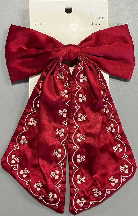 Satin hair bow with hearts embroidery
