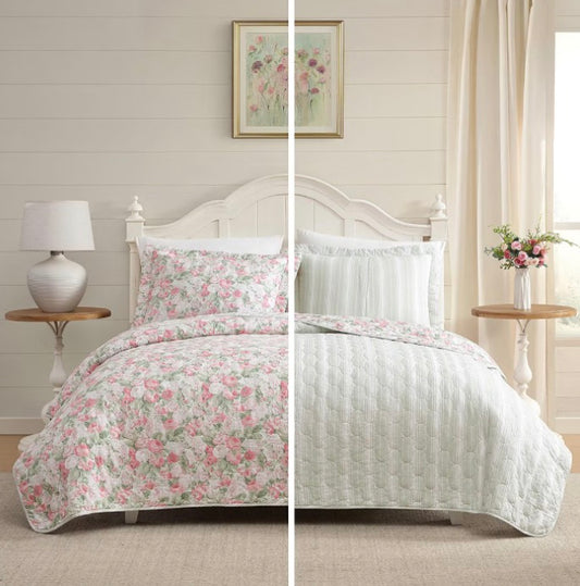 Laura Ashley Sweet Memories 3 Pieces Reversible Quilt Set Full/Queen-Pink