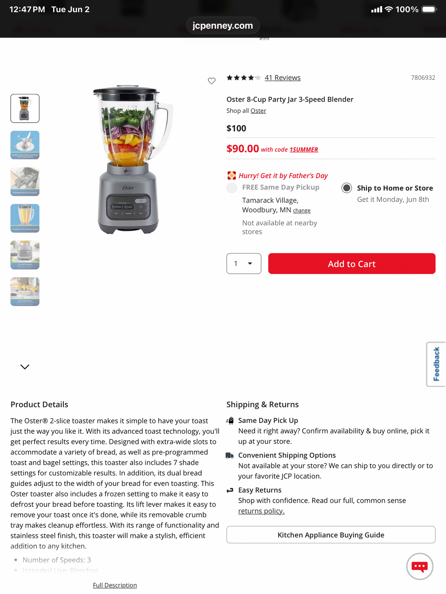 Oster 8-Cup Party Jar 3-Speed Blender - open box