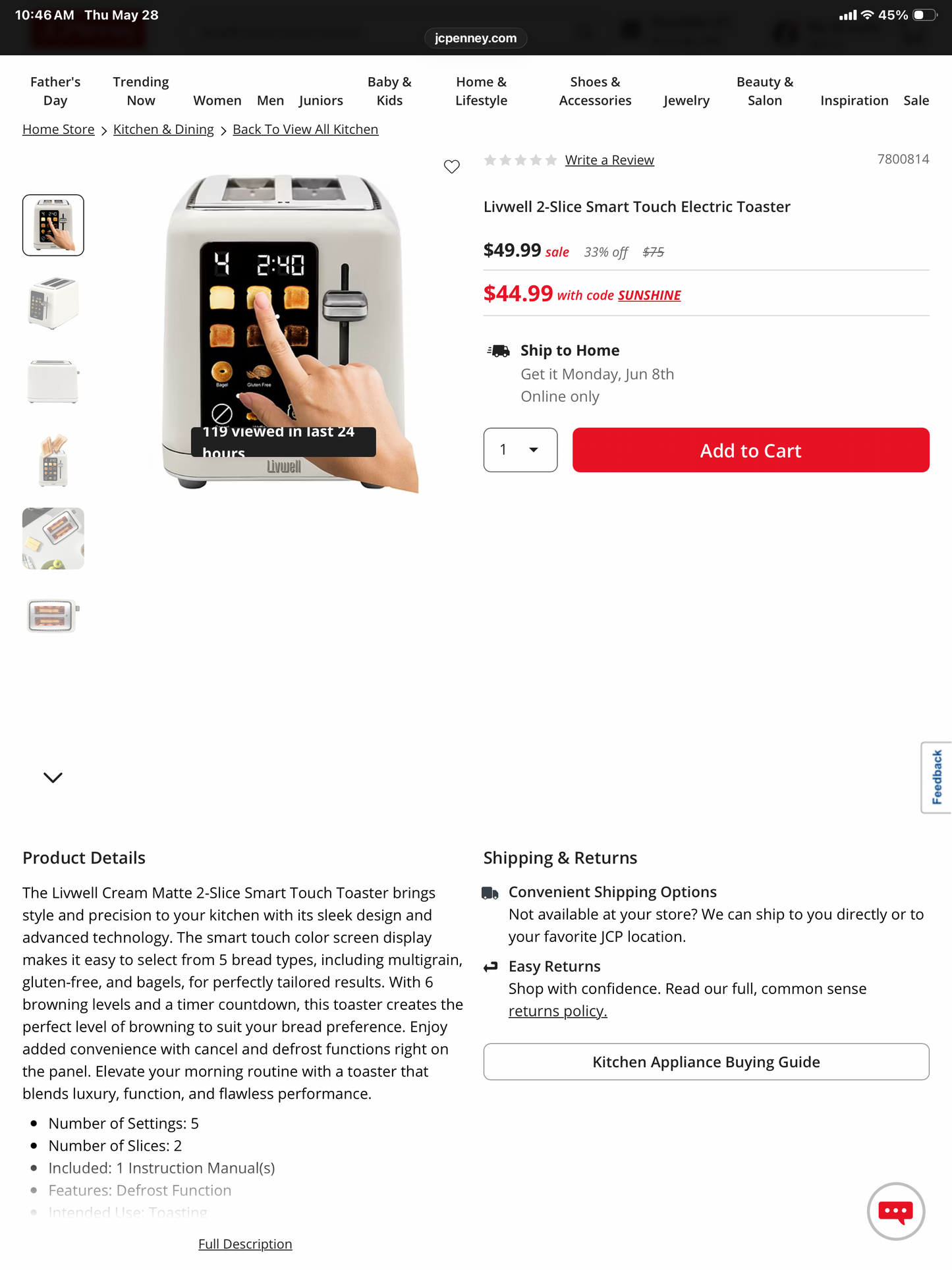 Livwell 2-Slice Smart Touch Electric Toaster - Cream White - Damaged Box