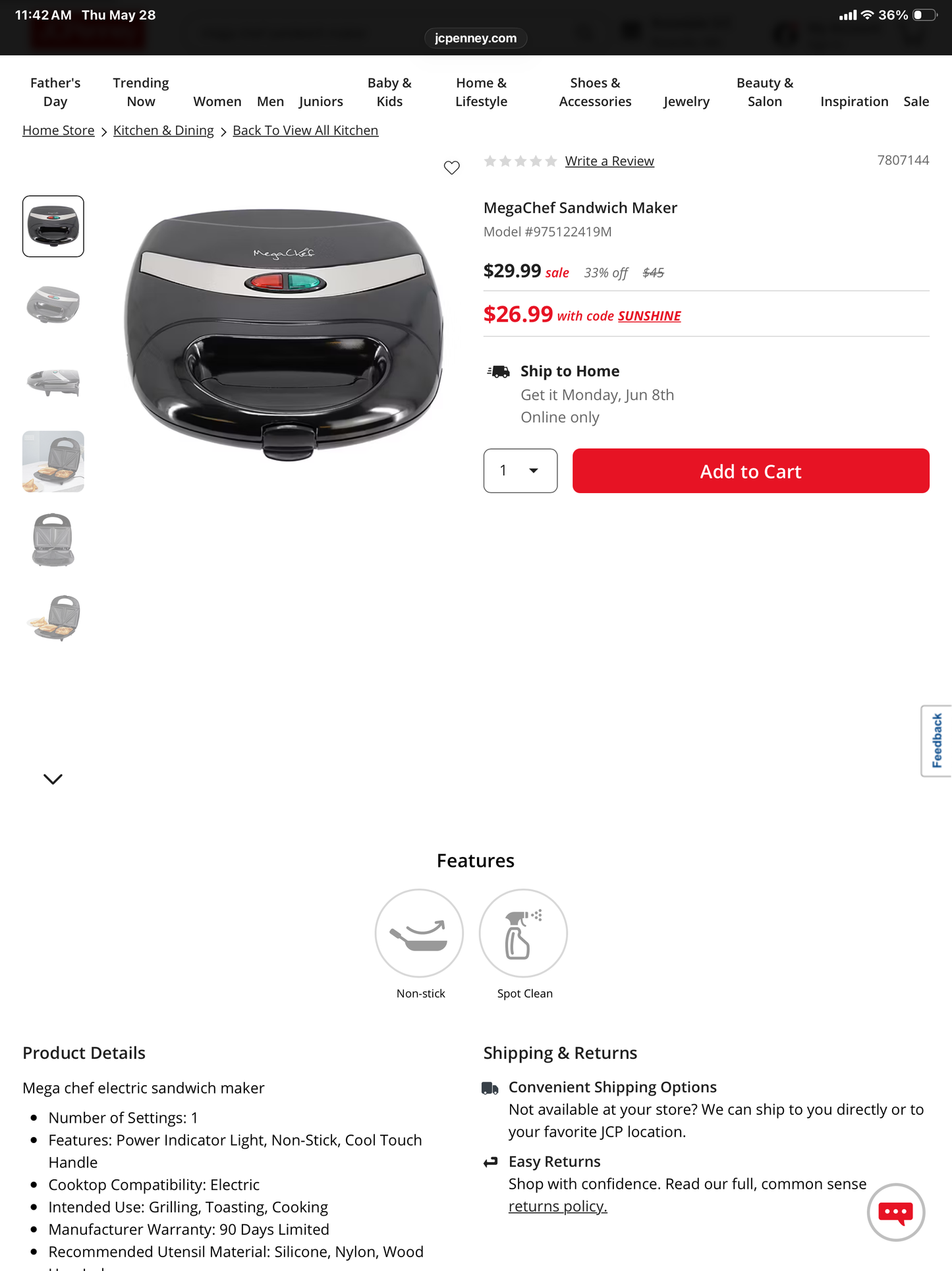 Mega Cheft Sandwich Maker - Open Box