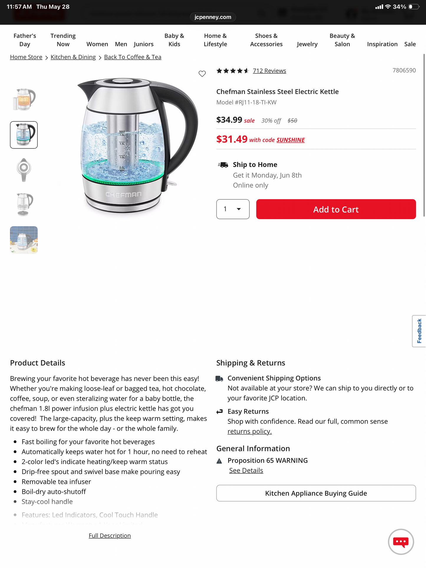 Chefman Stainless Steel Electric Kettle - Open Box