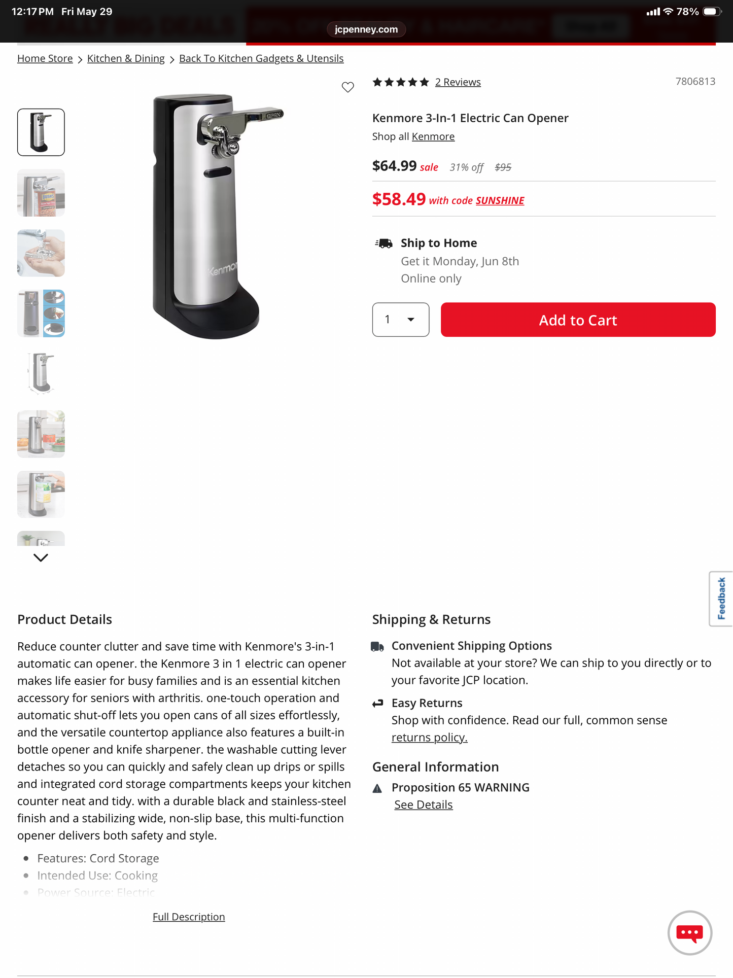Kenmore 3-In-1 Electric Can Opener