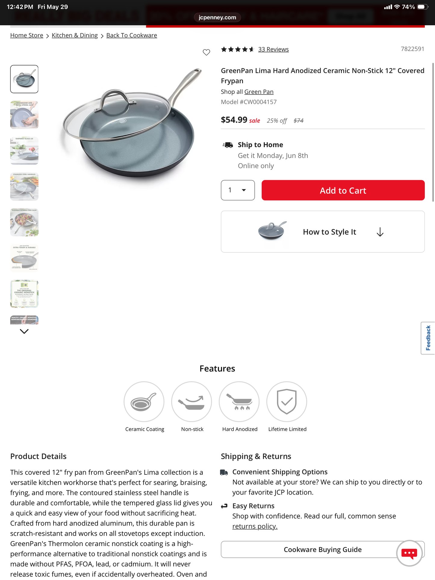 GreenPan Lima Hard Anodized Ceramic Non-Stick 12" Covered Frypan - Open Box