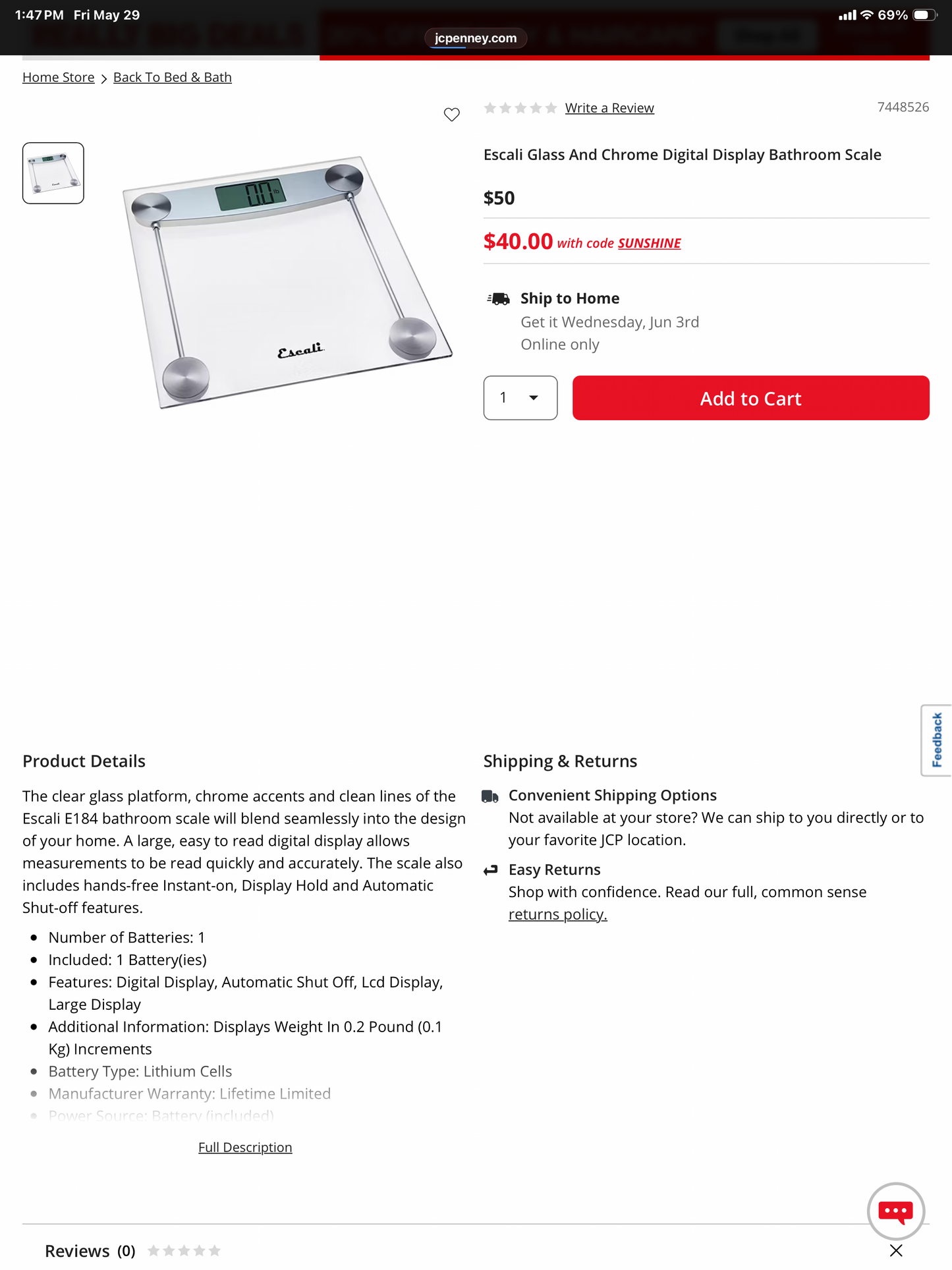 Escali Glass And Chrome Digital Display Bathroom Scale - Open Box