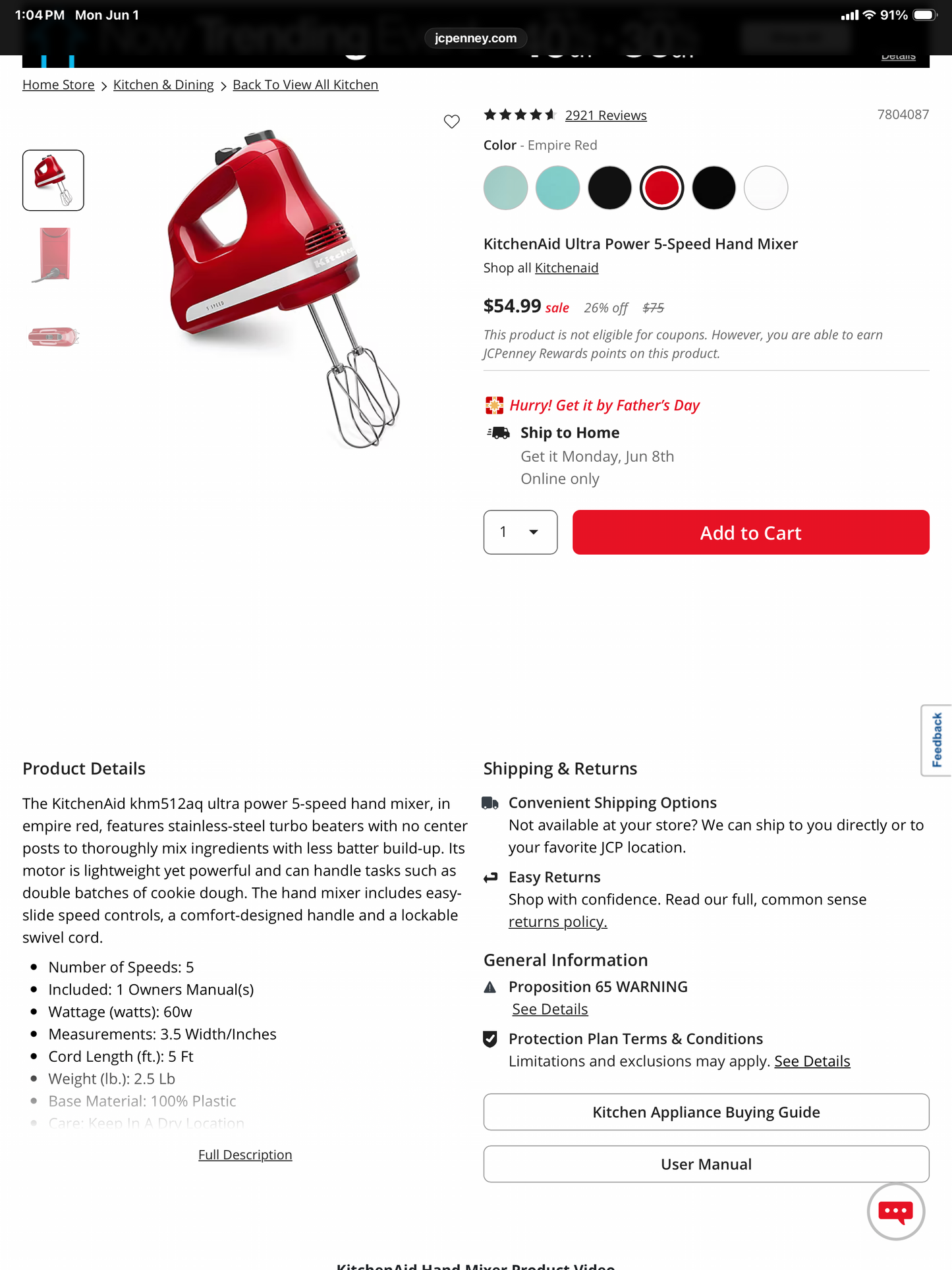 KitchenAid Ultra Power 5 Speed Hand Mixer - Open Box