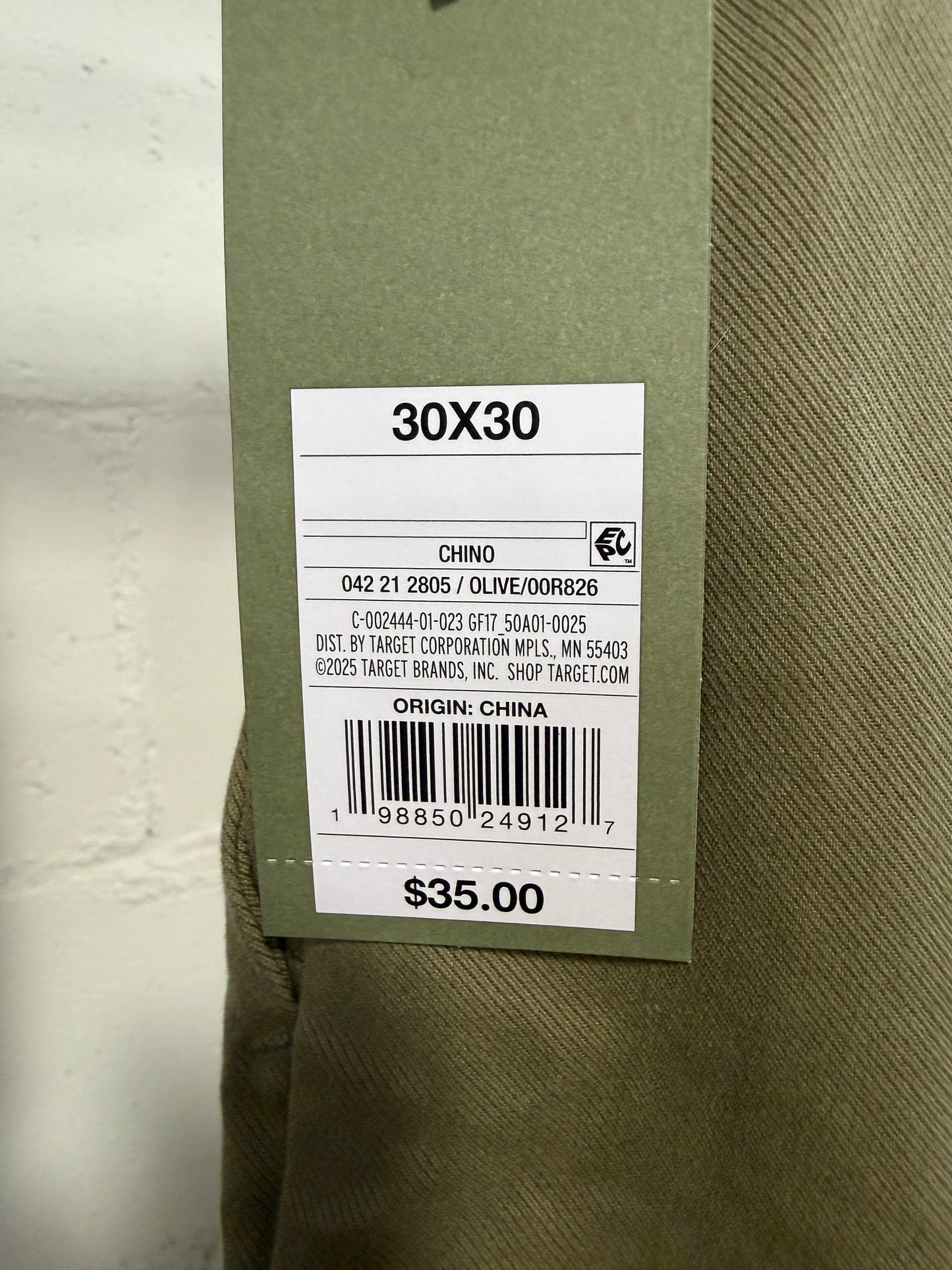 Men’s Chino Slim Fit Pants, Color Olive, Size 30 x 30