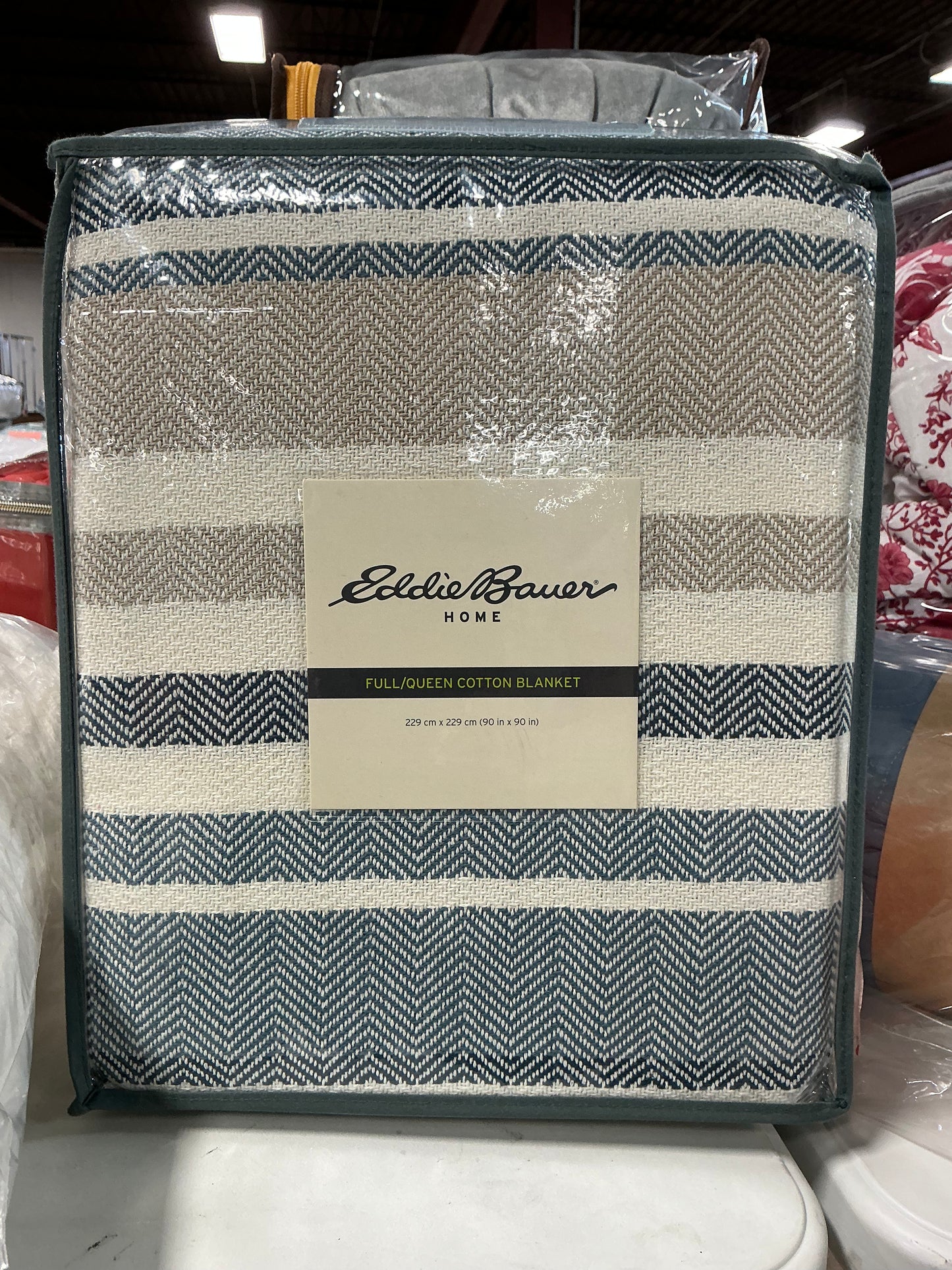 Blue and beige striped Eddie Bauer Home cotton blanket in a herringbone pattern. Full/Queen