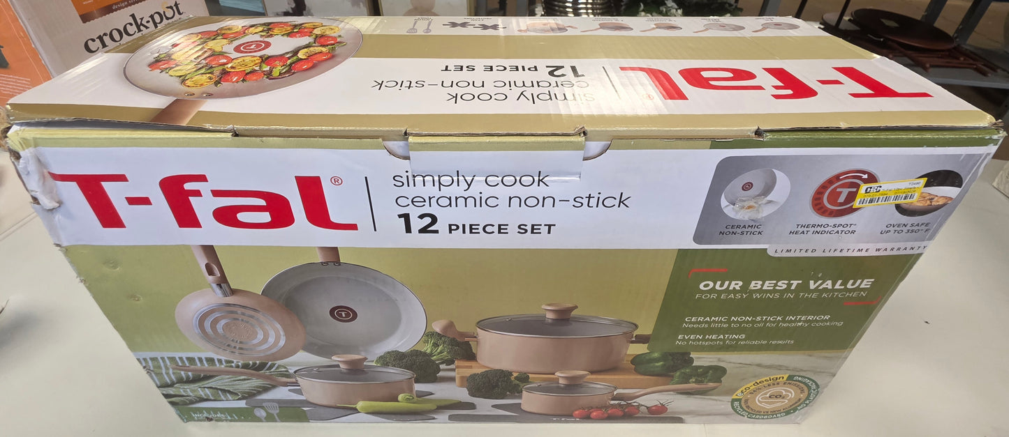 T-Fal 12pc Simply Cook Ceramic Cookware Set Beige: Nonstick Pots & Pans, Tempered Glass Lids, Ergonomic Handles PICKUP ONLY