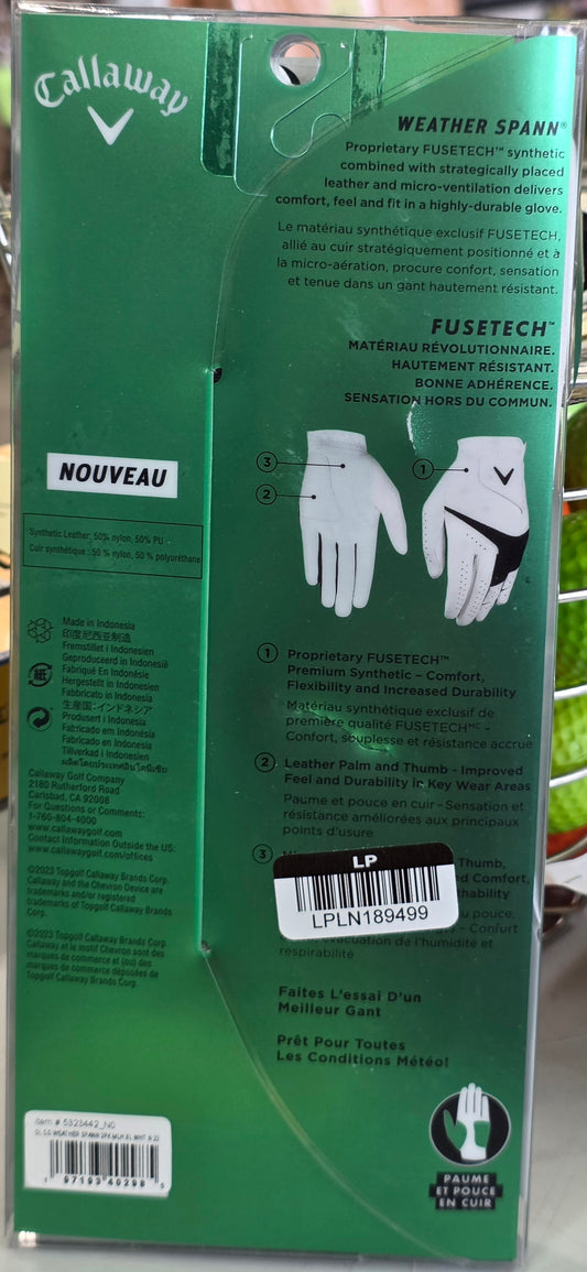 Callaway Adult Weather Spann Golf Gloves 2pck - White XL - Men's Left
