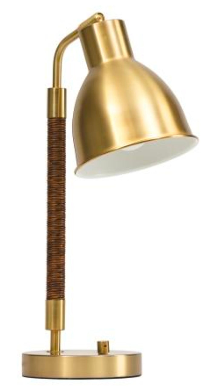 17.5" Rattan & Brass Tone Desk Lamp with USB Port