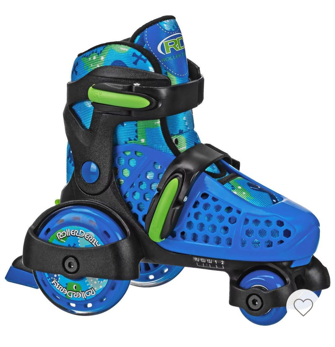 Roller derby sport kids' roller skate - dinosaur blue/black size 11-2 - OPEN BOX - USED - PICK UP ONLY