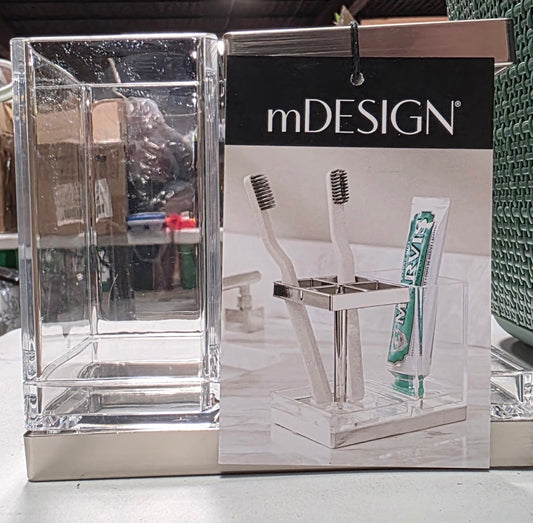 mDesign Plastic Toothbrush, Toothpaste Storage Organizer Holder -Clear/Chrome