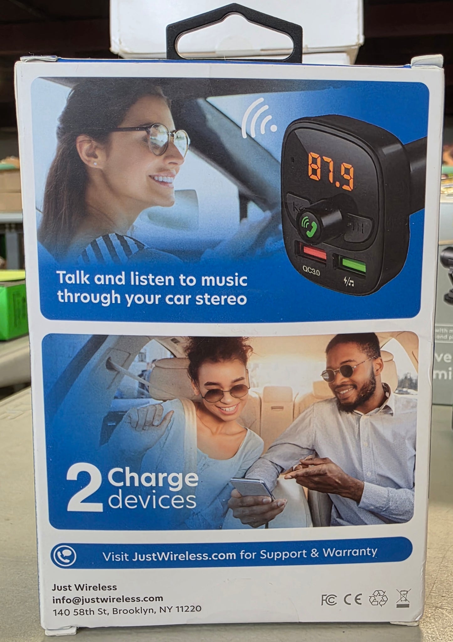 Just Wireless Bluetooth FM Transmitter Type C and USB-A Charging Port Bass Sound Booster - Black