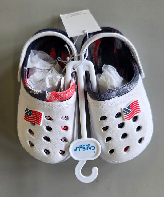 Kids red, white and blue patriotic clogs - SOME MINOR COSMETIC FLAWS