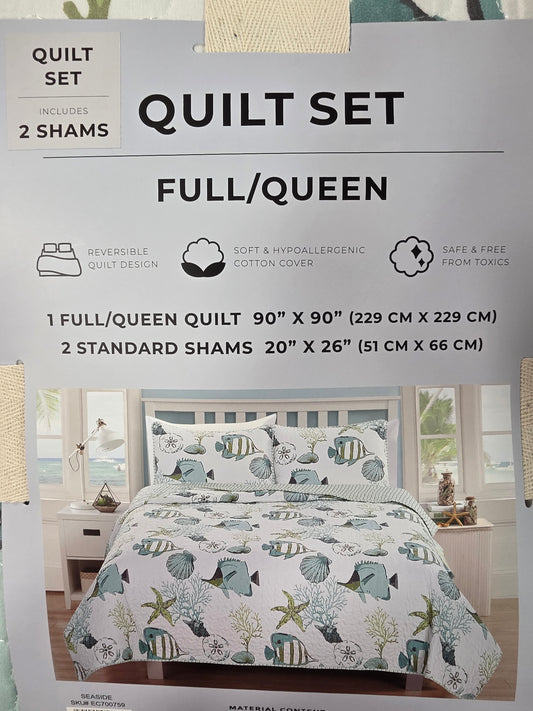 Linery Fish Coral Quilt Full/Queen Set