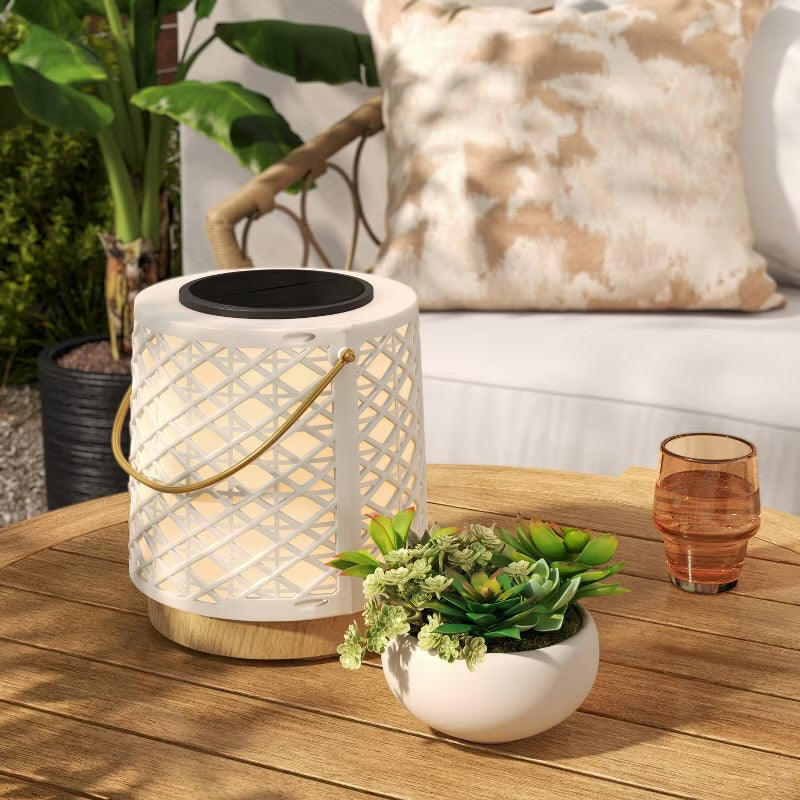Rattan Battery/Solar LED Small Outdoor Lantern Heathered White - Threshold™