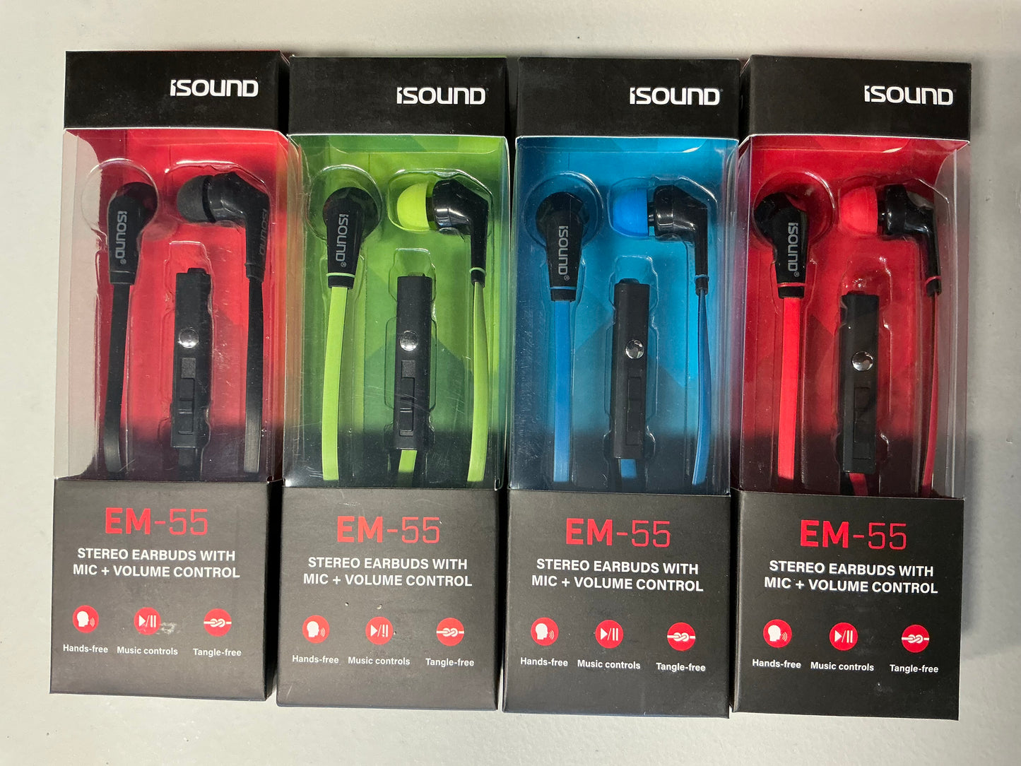 iSound DGHP-5715 ISOUND – EM 55 Earbuds, Tangle Free Flat Cable, In-ear Design That Blocks Outside Noise, Built-in Microphone, Volume Control Slider, Includes a sets of Silicone Tips