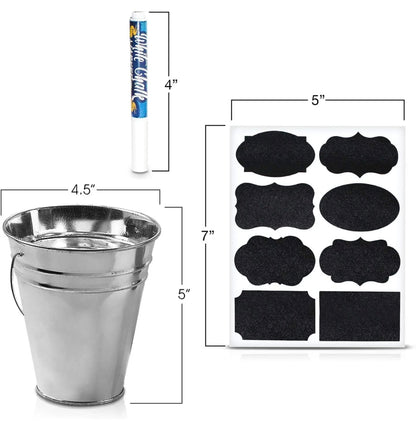 Large Galvanized Metal Buckets Set, Includes 12 Rustic Pails with Handles, 24 Chalkboard Labels and 1 Liquid Chalk Marker, 5" Galvanized Buckets