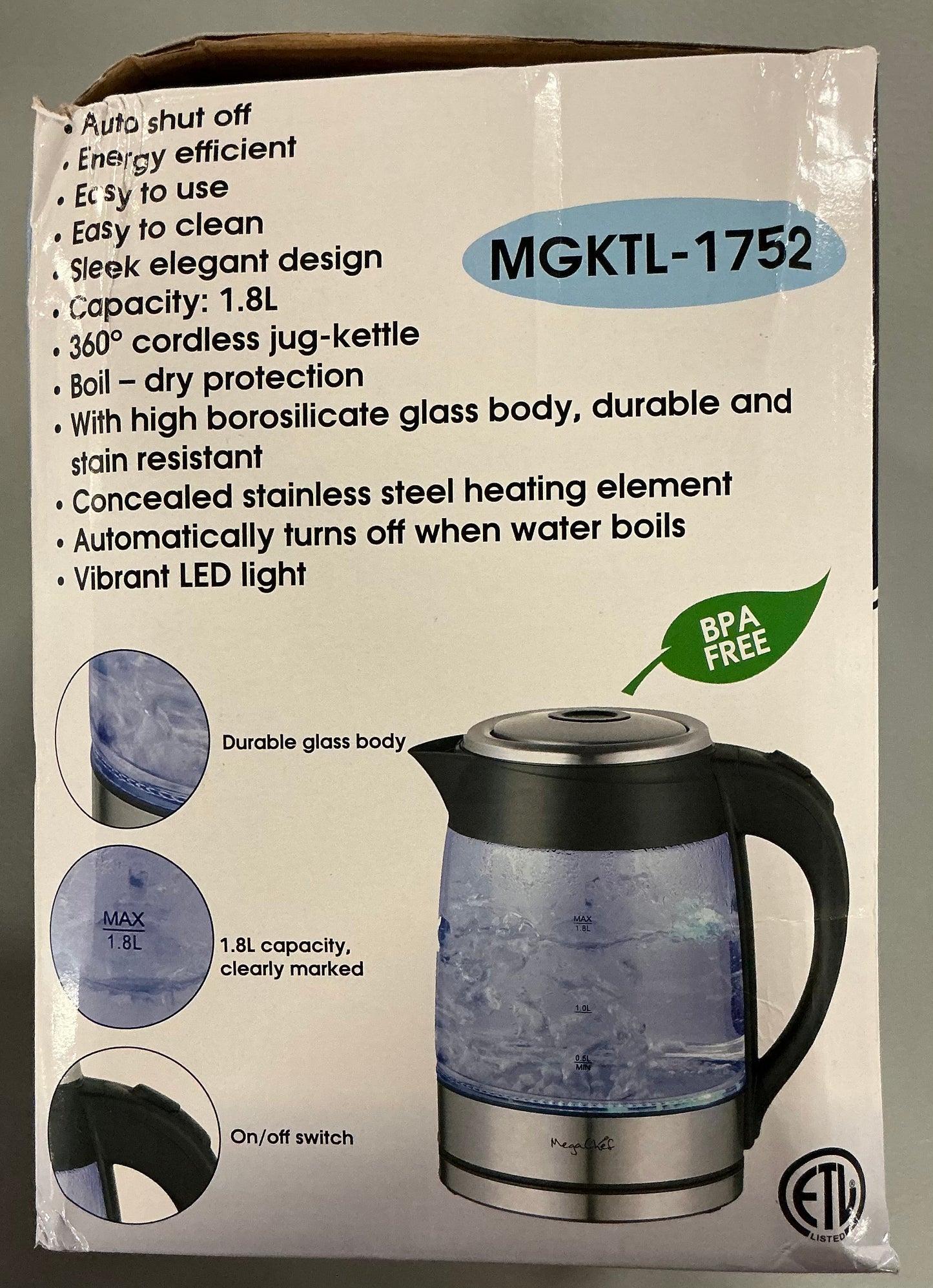 MegaChef 1.8L Electric Tea Kettle - Silver: Hot Pot, Water Boiler, 1100W, Glass & Stainless Steel, 360° Base, Auto Shut-Off - Open Box