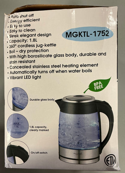 MegaChef 1.8L Electric Tea Kettle - Silver: Hot Pot, Water Boiler, 1100W, Glass & Stainless Steel, 360° Base, Auto Shut-Off - Open Box