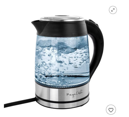 MegaChef 1.8L Electric Tea Kettle - Silver: Hot Pot, Water Boiler, 1100W, Glass & Stainless Steel, 360° Base, Auto Shut-Off - Open Box