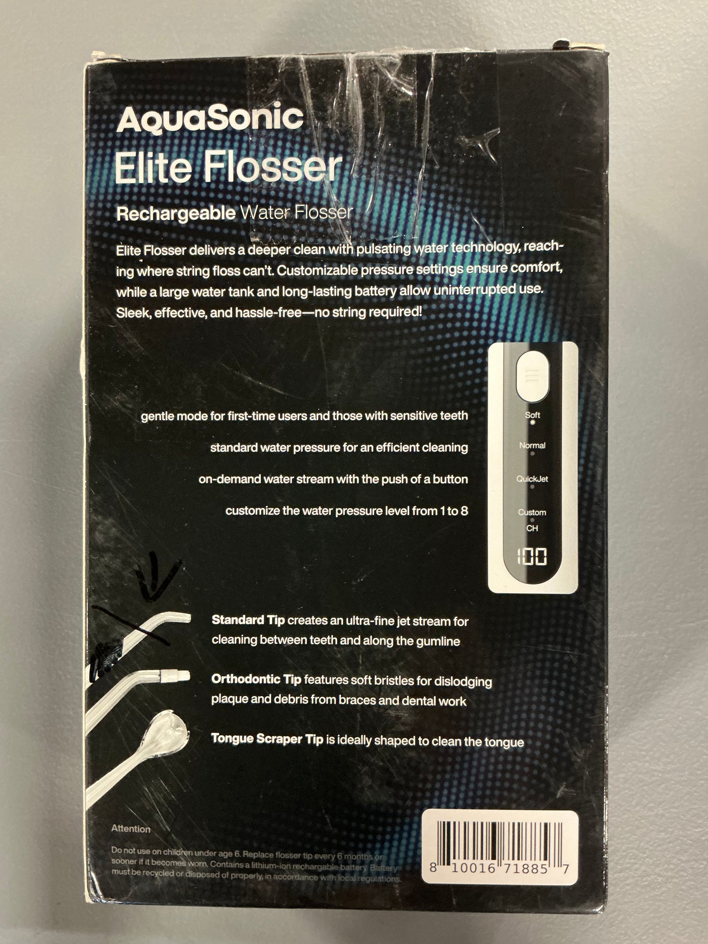 THRIFTY 70 - Aquasonic Elite Rechargeable Water Flosser, 3 Attachments (sealed in individual bags, see picture) - Open Box - USED (See Pictures)- FINAL SALE- NO RETURNS - AS IS