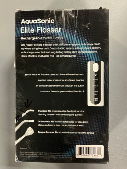 THRIFTY 70 - Aquasonic Elite Rechargeable Water Flosser, 3 Attachments (sealed in individual bags, see picture) - Open Box - USED (See Pictures)- FINAL SALE- NO RETURNS - AS IS