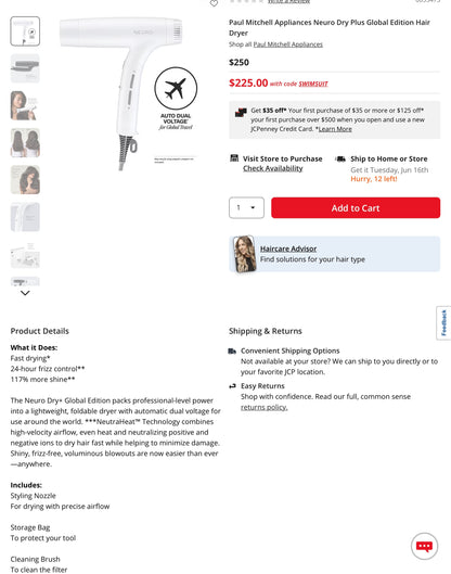 Paul Mitchell Neuro Dry Plus Global Edition Hair Dryer - White -Open Box
