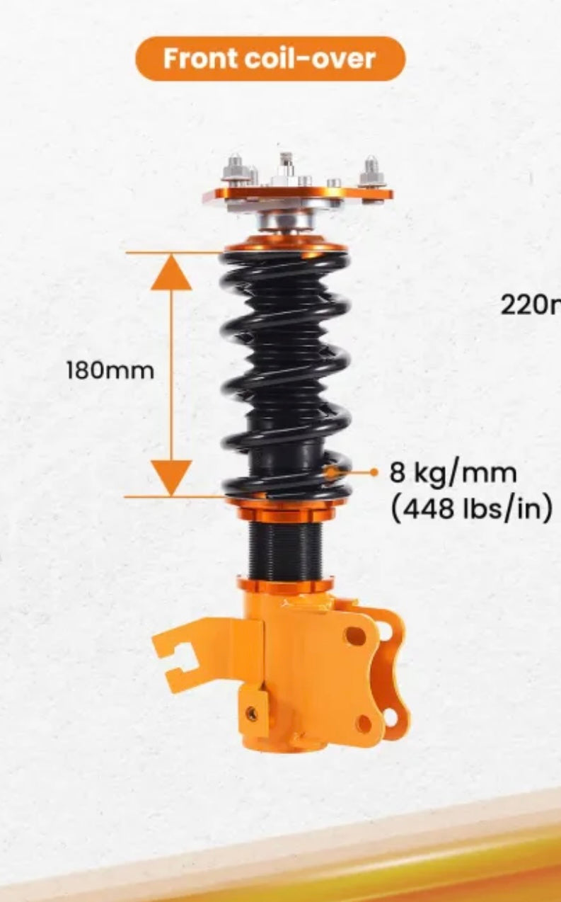 ONLY INCLUDES FRONT COILS—24 Ways Adj. Damper Coilovers Compatible for Nissan S13 240SX 1989-1990/180SX 1989-
1998/200SX 1989-1994 Suspension Lower Strut
Coil Shock Absorbers
