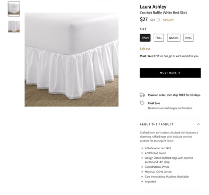 Laura Ashley Crochet Riffle Bedskirt - White - Twin
