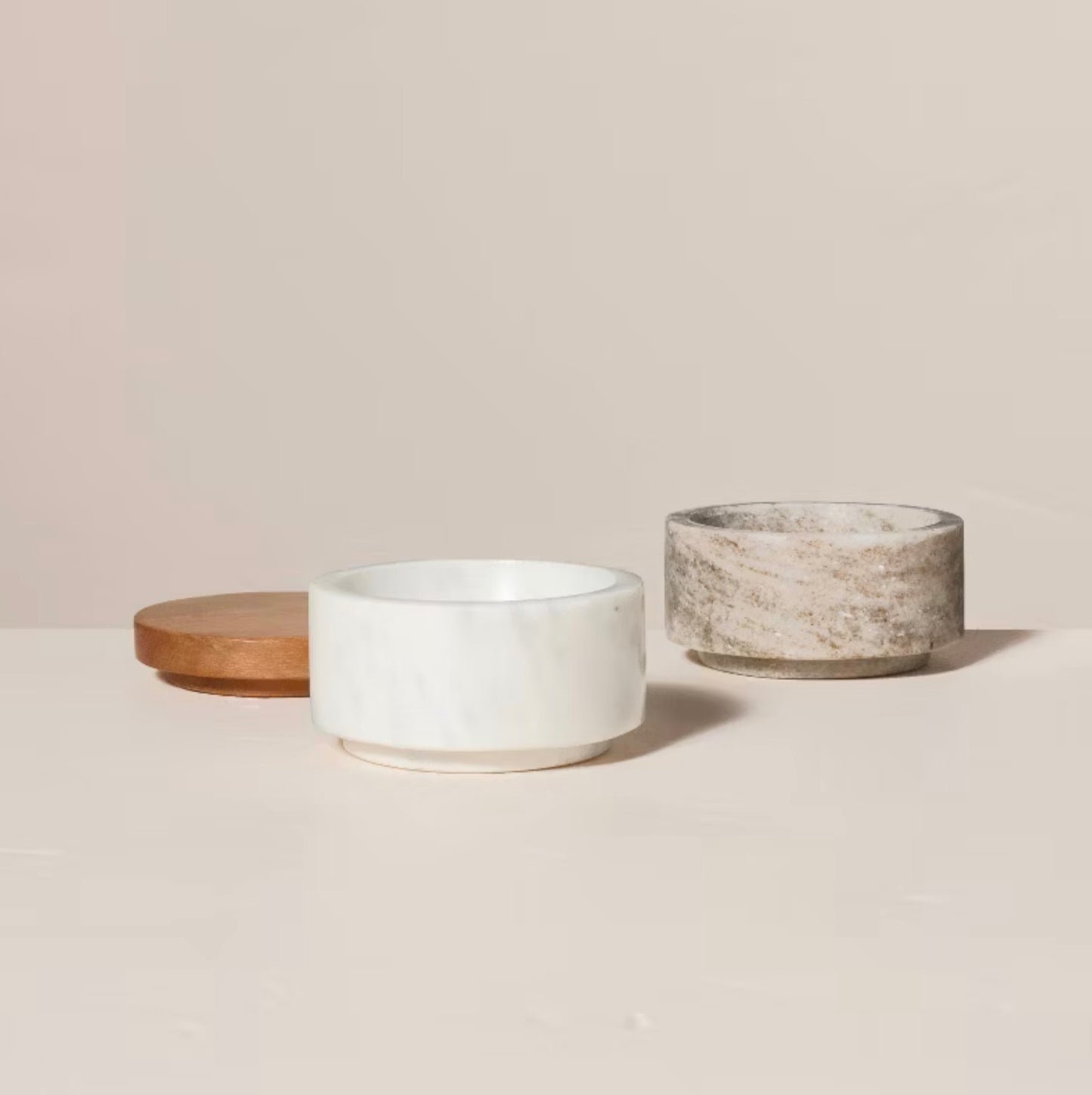 3pc Marble Stacking Salt & Pepper Cellar White/Warm Gray - Hearth & Hand™ with Magnolia: Acacia Lid, Farmhouse Style - Out of Package (see pictures)
