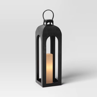 29.4"x9" Pillar Cast Aluminum Outdoor Lantern Candle Holder - Black - Minor Cosmetic Damage - Missing Handle (see pictures) - FOR PICKUP ONLY