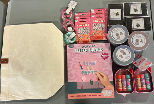 Let’s Get Pretty Party Bundle (includes 1 Bulletin Board, 3 hair ties, 3 Round Beauty Cases, 3 Rectangle Beauty Mirror Cases, 6 Nail Stickers, 2 sets of Lip Smackers, 1 Tote)