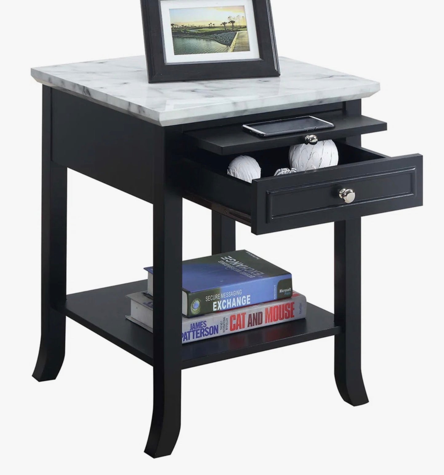 Carbin End Table with Storage - White Faux Marble/Black - May have minor imperfections/ Mino cosmetic damage
