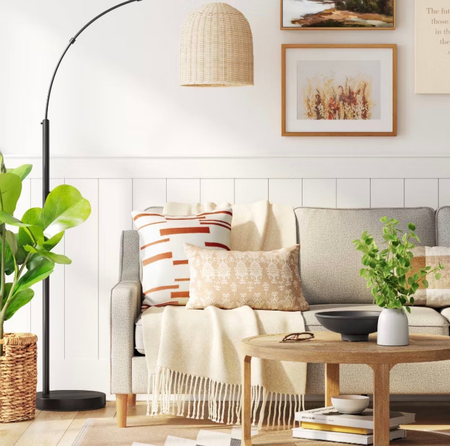 82"x13" Addison Arc Floor Lamp with Natural Rattan Shade - Curved Metal - DAMAGED BOX (see pictures) - FOR PICKUP ONLY