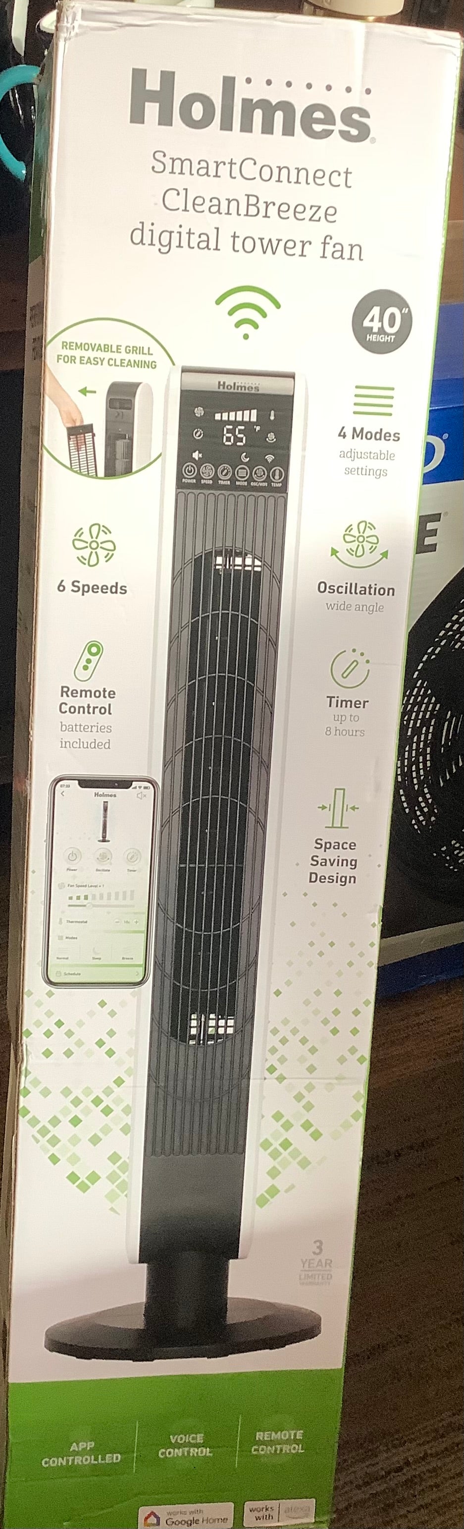 (Clearance) Holmes 40' Wi-Fi Tower Oscillating Fan with Clean Breeze