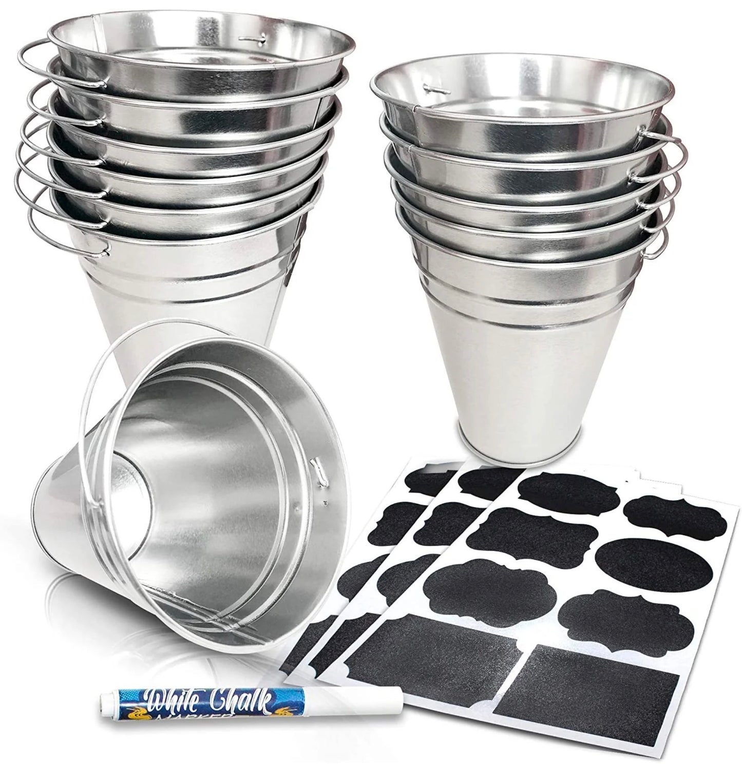Large Galvanized Metal Buckets Set, Includes 12 Rustic Pails with Handles, 24 Chalkboard Labels and 1 Liquid Chalk Marker, 5" Galvanized Buckets