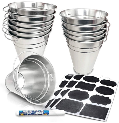 Large Galvanized Metal Buckets Set, Includes 12 Rustic Pails with Handles, 24 Chalkboard Labels and 1 Liquid Chalk Marker, 5" Galvanized Buckets