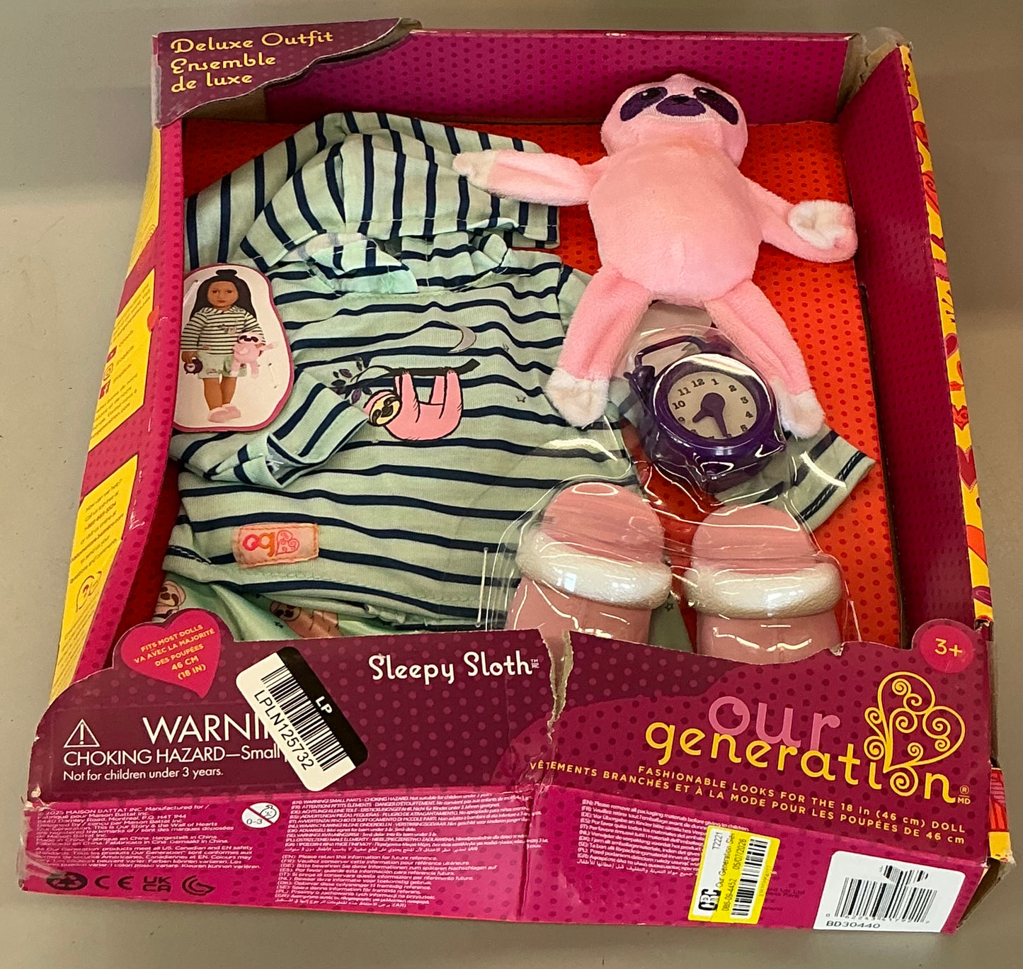 Sleepy Sloth - Pajama Outfit & Plush for 18-inch Dolls - DAMAGED BOX (SEE PICTURES) - DOLL NOT INCLUDED