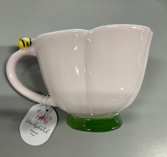Sunday Morning Ceramics - Hand Painted 18oz Flower Tea Cup with Small Bee - Blush Pink