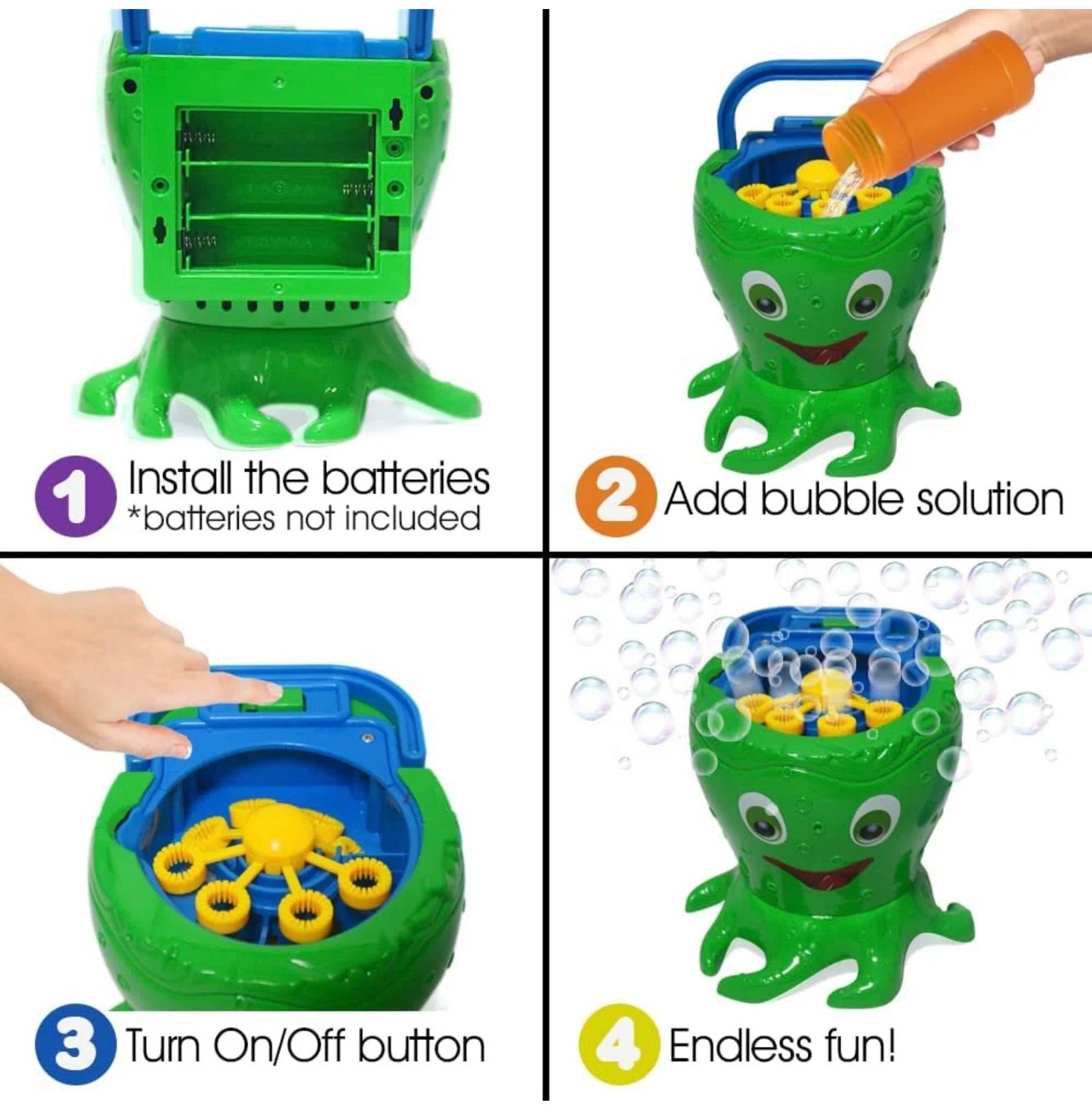 Octopus Bubble Machine, Includes 1 Bubbles Blowing Toy with Carry Handle and 1 Bottle of Solution (Batteries Not Included )- Damaged Box (see pictures)