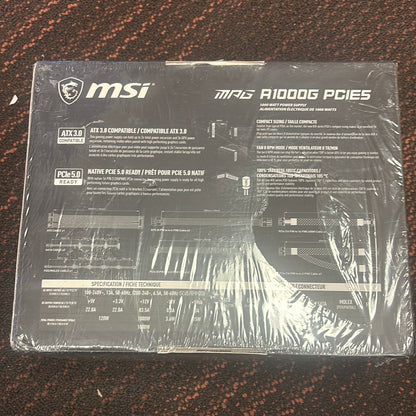 MSI MPG 1000W Power Supply - Internal - 5 V DC @ 22 A, 3.3 V DC @ 20 A, 5 V DC @
3 A, 12 V DC @ 83.5A, - 12 V DC @ 0.3 A Output - 1000 W - 1 +12V Rails