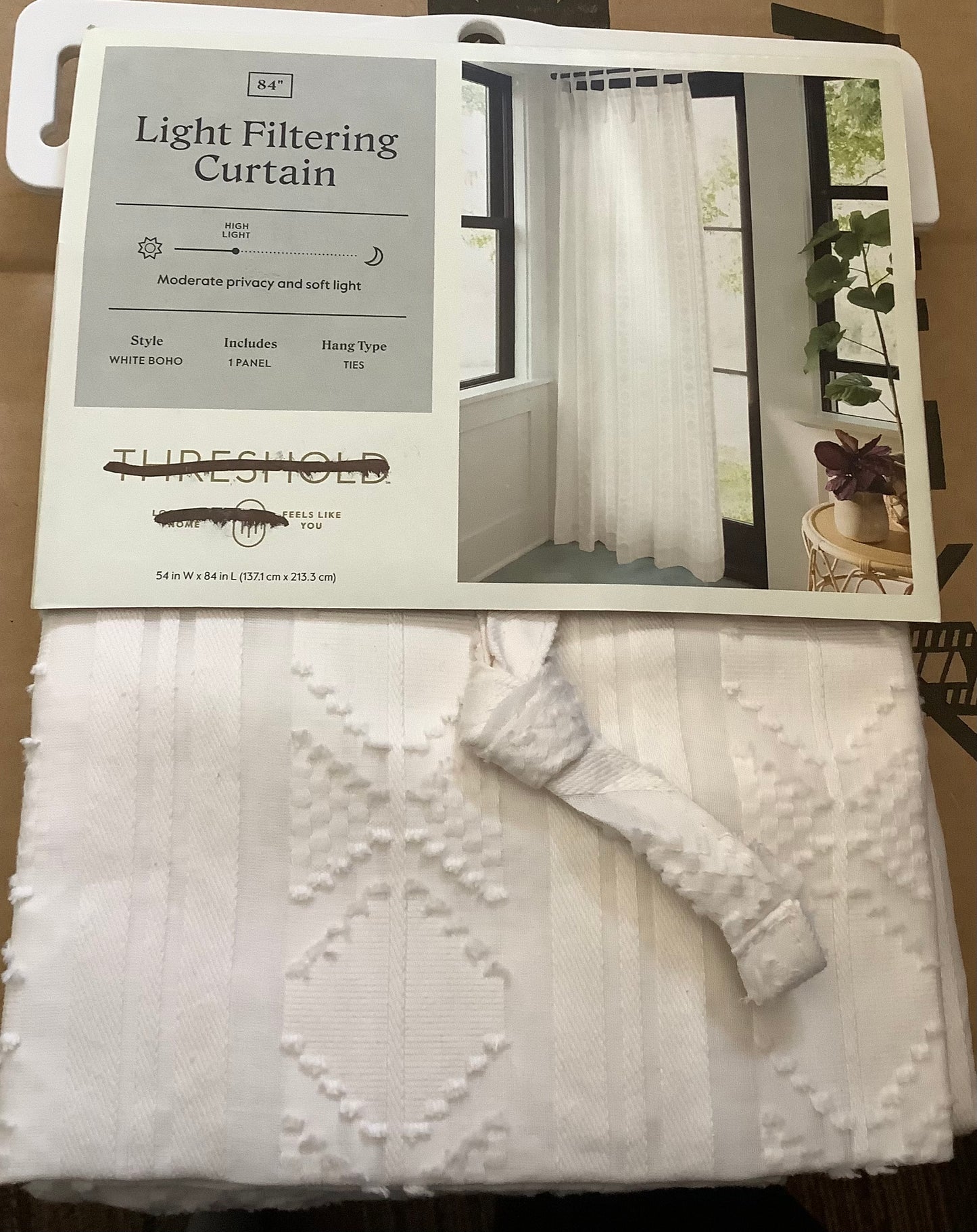 54"x84" Light Filtering Boho Diamond Clip Curtain Panel
White