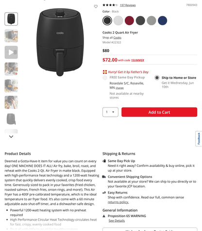 THRIFTY 70 - “Cooks Compact Air Fryer, 2 quarts” - Open Box - USED (See Pictures)- FINAL SALE- NO RETURNS - AS IS