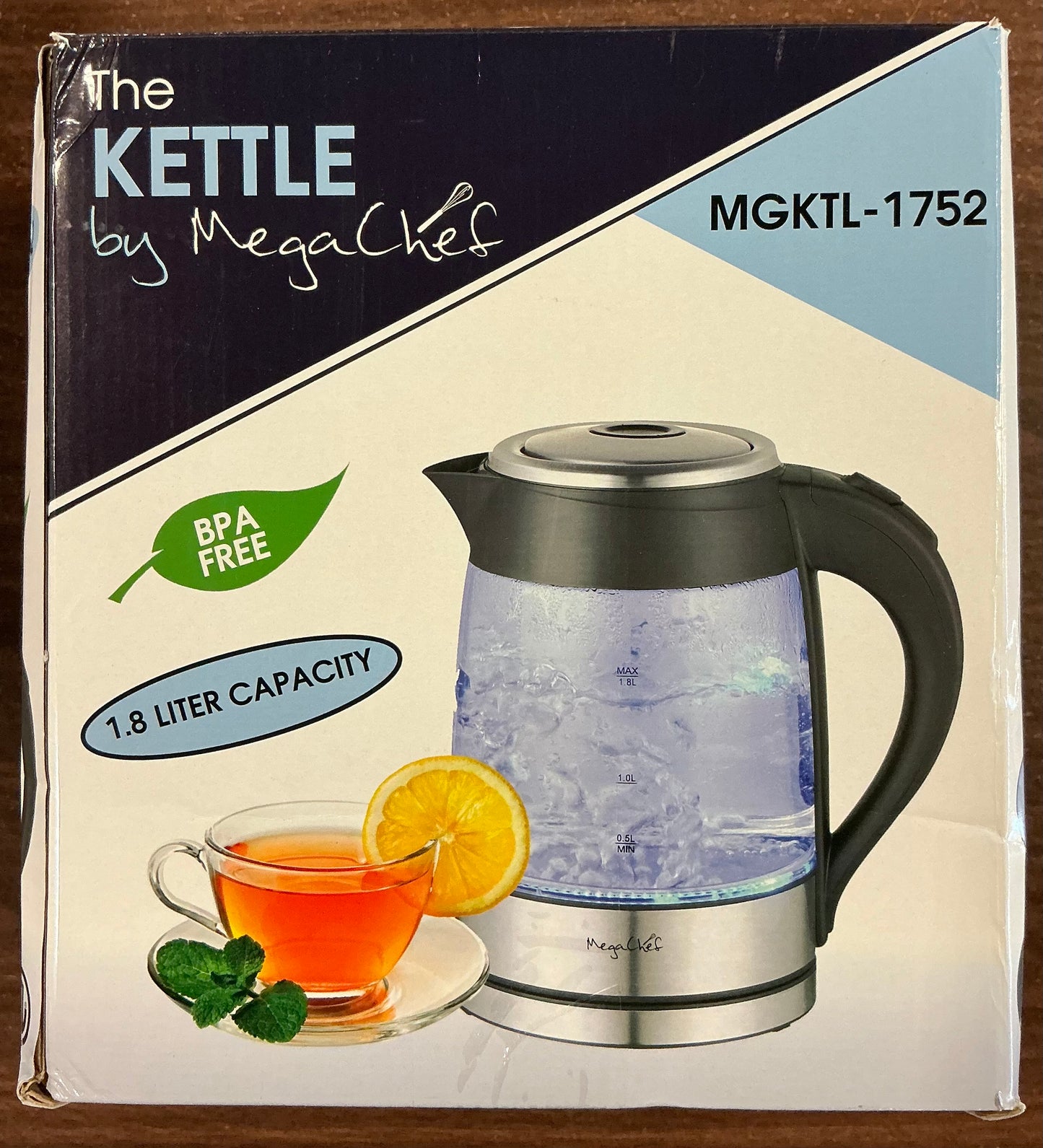 MegaChef 1.8L Electric Tea Kettle - Silver: Hot Pot, Water Boiler, 1100W, Glass & Stainless Steel, 360° Base, Auto Shut-Off - Open Box