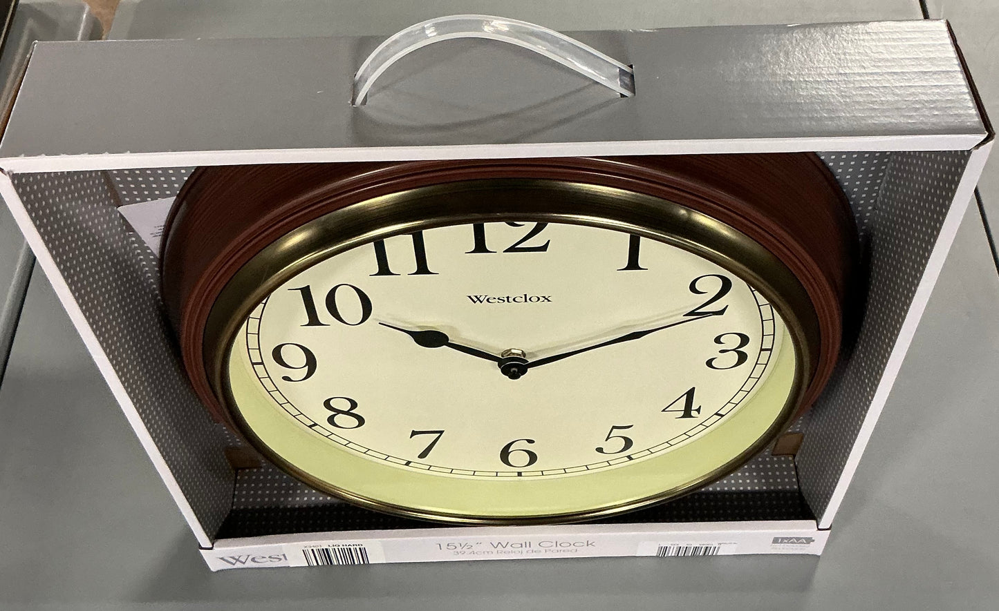 Westclox 15.5" Round Woodgrain Wall Clock, faux wood grain finish frame and a brass tone trim bezel