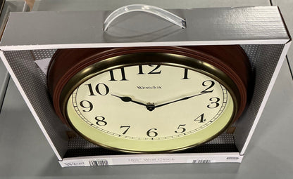 Westclox 15.5" Round Woodgrain Wall Clock, faux wood grain finish frame and a brass tone trim bezel
